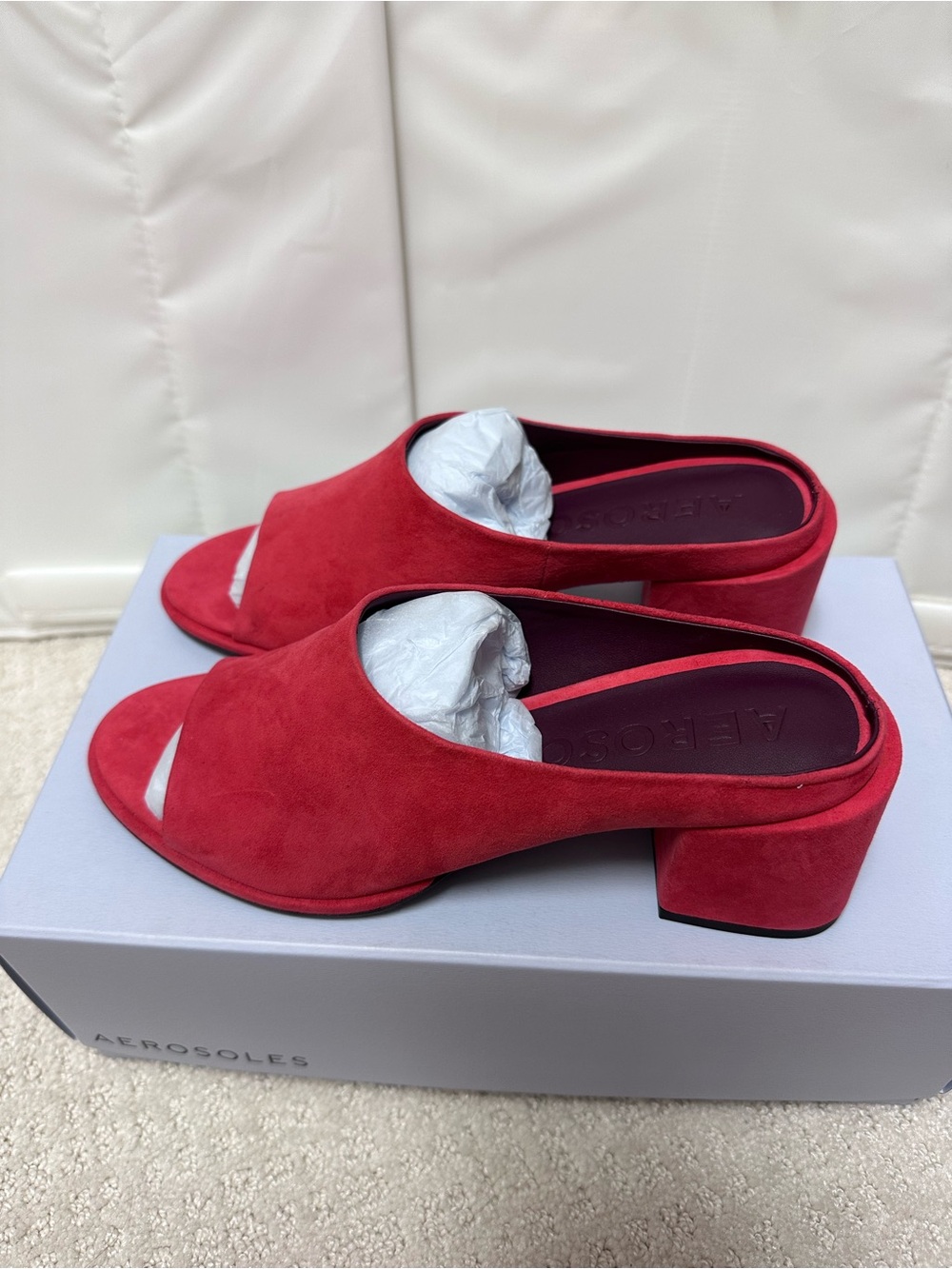 AEROSOLES Red Suede Open-Toe Block Heel Mule